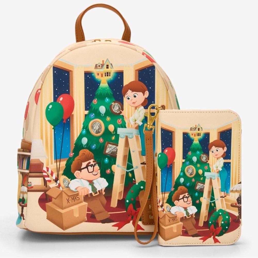 NWT Loungefly Disney Pixar Up Carl & Ellie Christmas Tree Backpack & Tech Wallet